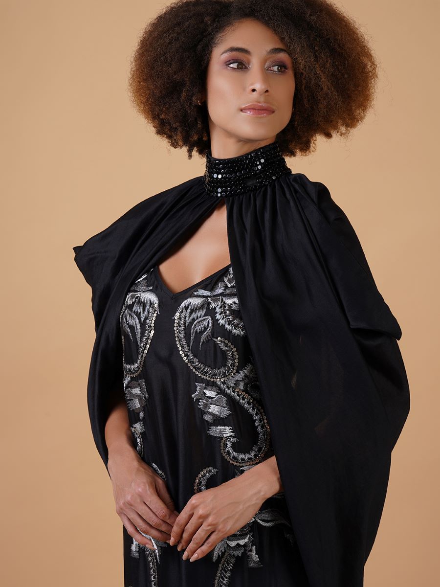 A long black cotton silk dress that has panels of silver zari embroideries - samantchauhan Apparel & Accessories