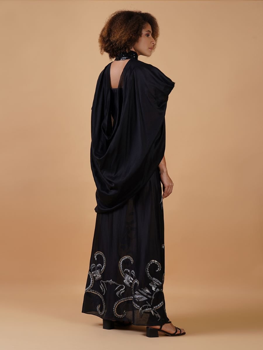 A long black cotton silk dress that has panels of silver zari embroideries - samantchauhan Apparel & Accessories