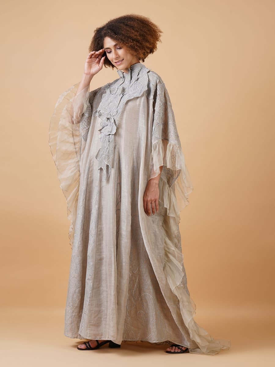 A long grey linen silk maxi dress with some fun 3D cut - outs on the neck - samantchauhan Apparel & Accessories