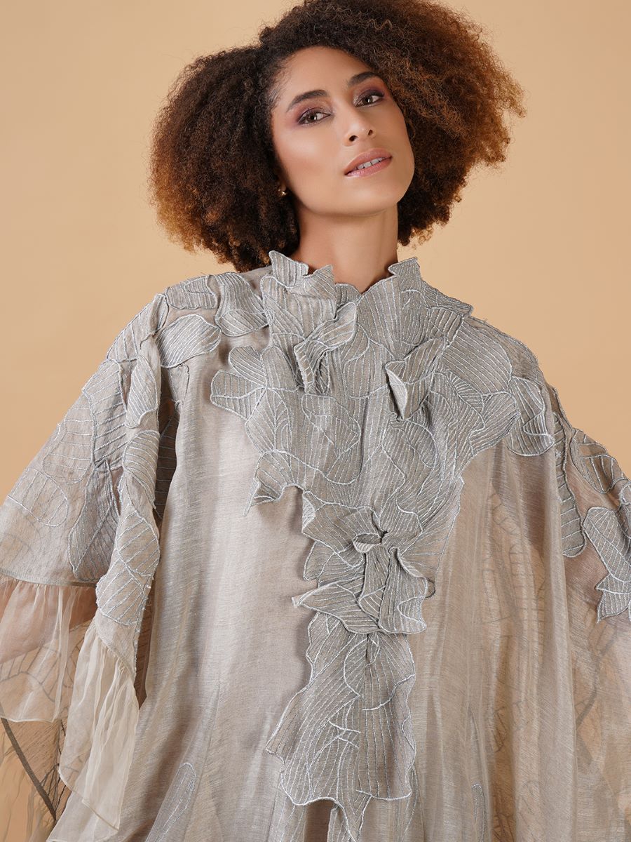 A long grey linen silk maxi dress with some fun 3D cut - outs on the neck - samantchauhan Apparel & Accessories