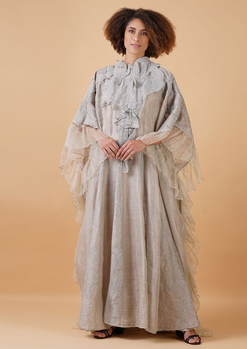 A long grey linen silk maxi dress with some fun 3D cut - outs on the neck - samantchauhan Apparel & Accessories