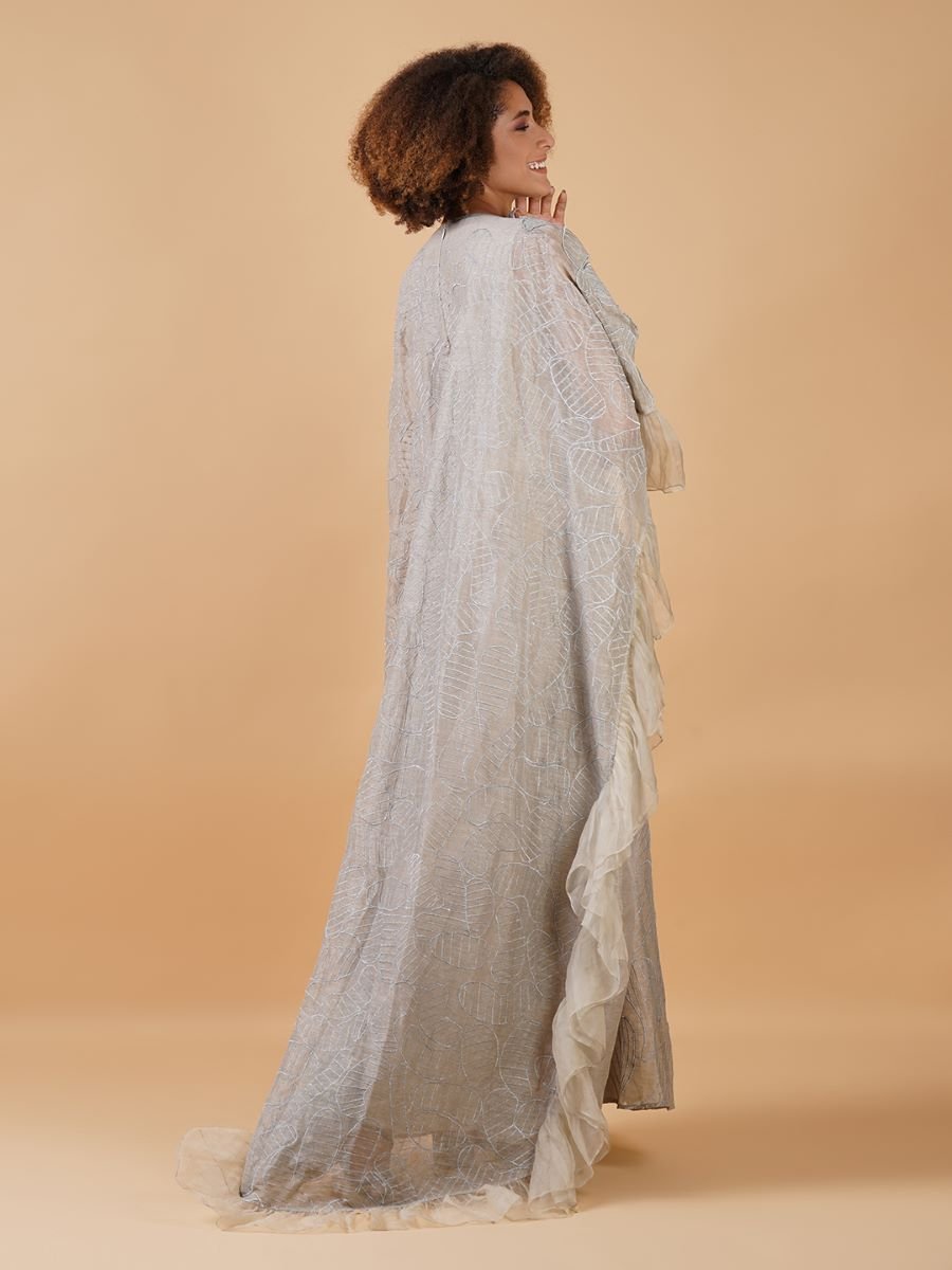 A long grey linen silk maxi dress with some fun 3D cut - outs on the neck - samantchauhan Apparel & Accessories