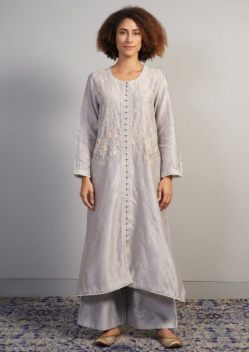 A round neck cotton silk suit set that is beautifully embroidered in off - white silk yarn - samantchauhan Apparel & Accessories