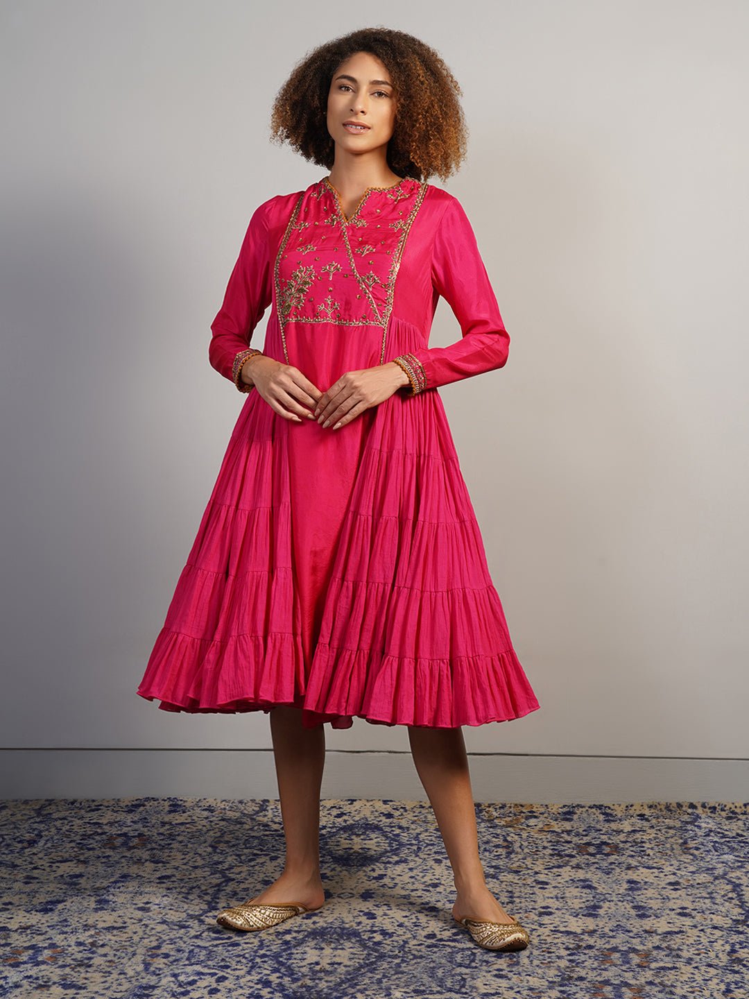 An A - line, tiered kurta in cotton along with silk sleeves - samantchauhan Apparel & Accessories