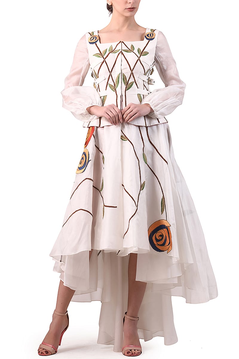 Asymmetric Floral Embroidered Dress - samantchauhan