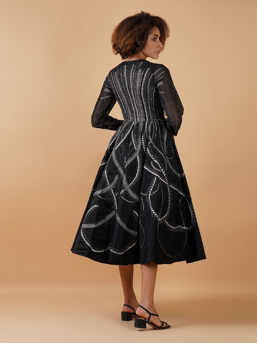 Black cotton silk A - line dress with a plunging V - neckline and full sleeves - samantchauhan Apparel & Accessories