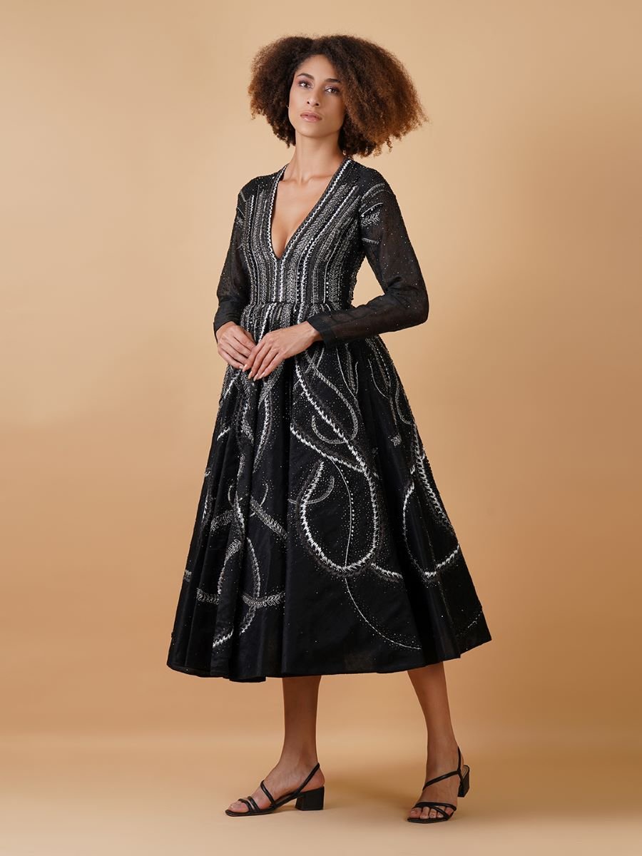 Black cotton silk A - line dress with a plunging V - neckline and full sleeves - samantchauhan Apparel & Accessories
