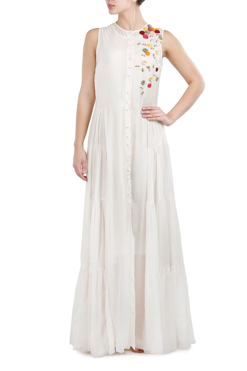 Button - down Tiered Embroidered Dress - samantchauhan