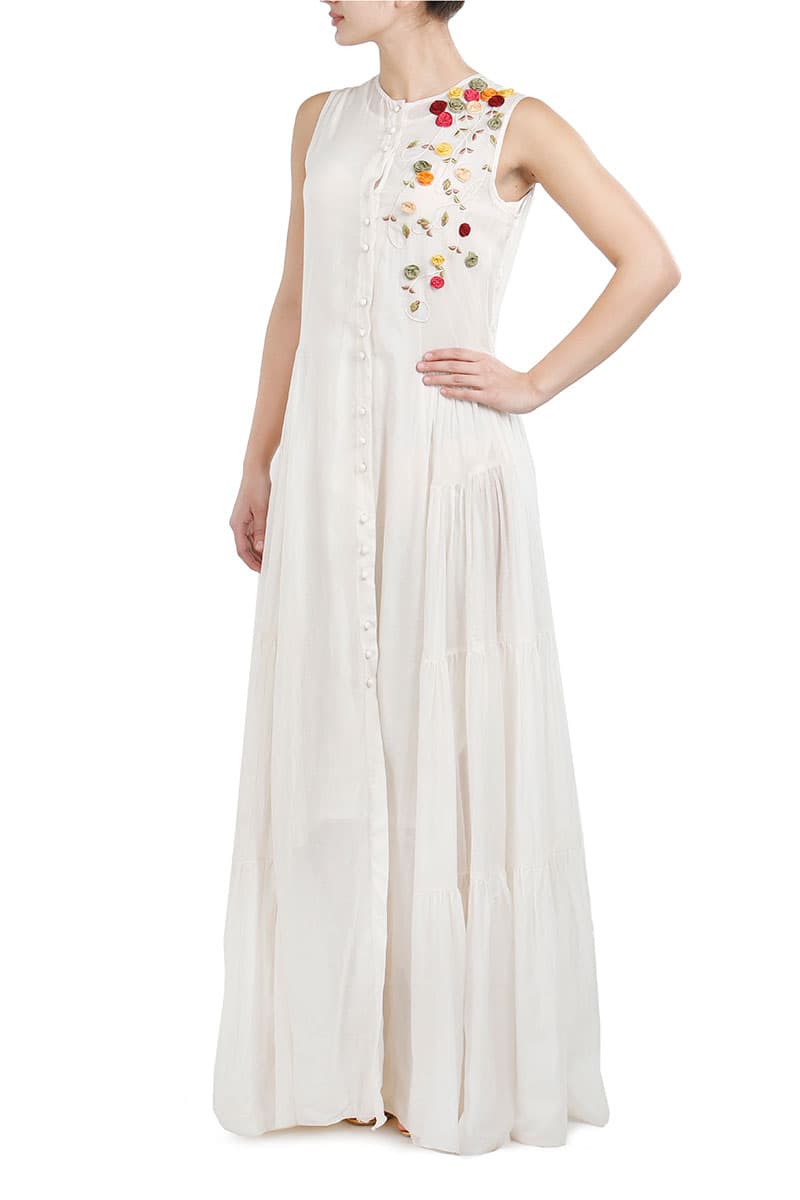 Button - down Tiered Embroidered Dress - samantchauhan