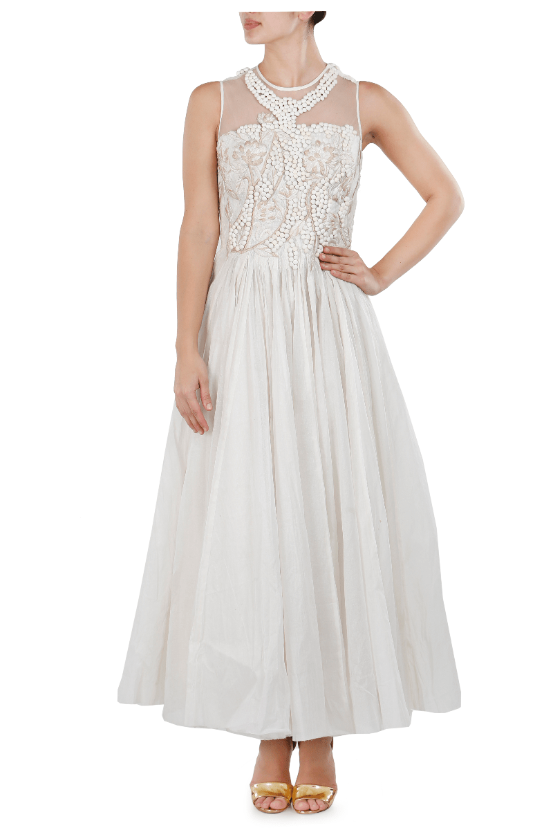 Cotton based silk thread tone on tone embroidery gown - samantchauhan