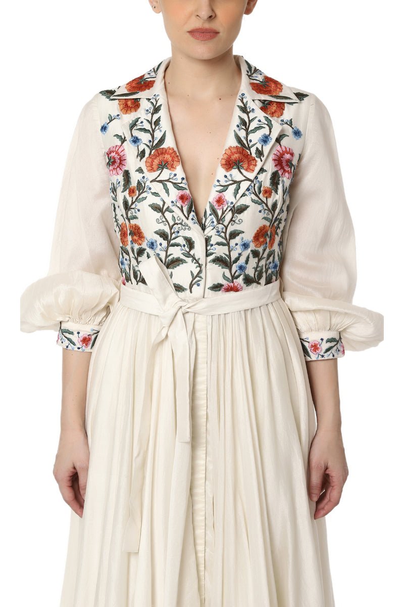 Cotton silk Angrakha Neck Embroidered Gown with balloon sleeves - samantchauhan