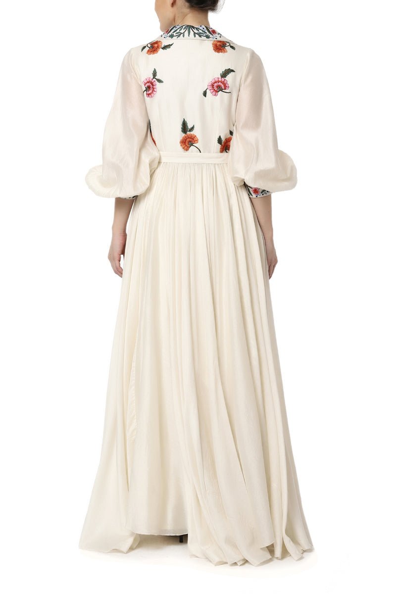 Cotton silk Angrakha Neck Embroidered Gown with balloon sleeves - samantchauhan