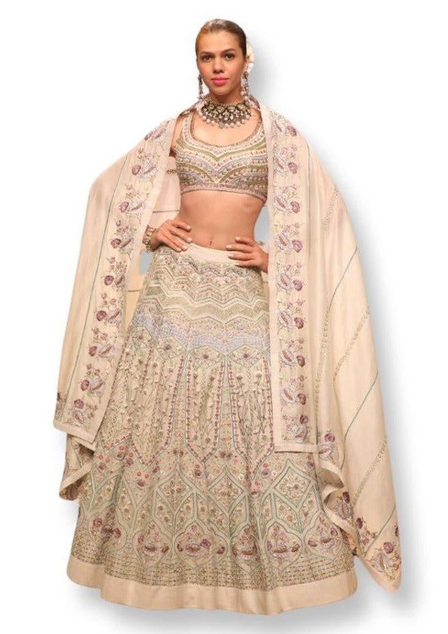 Cotton silk Embroidered Lehenga Set on ivory base - samantchauhan