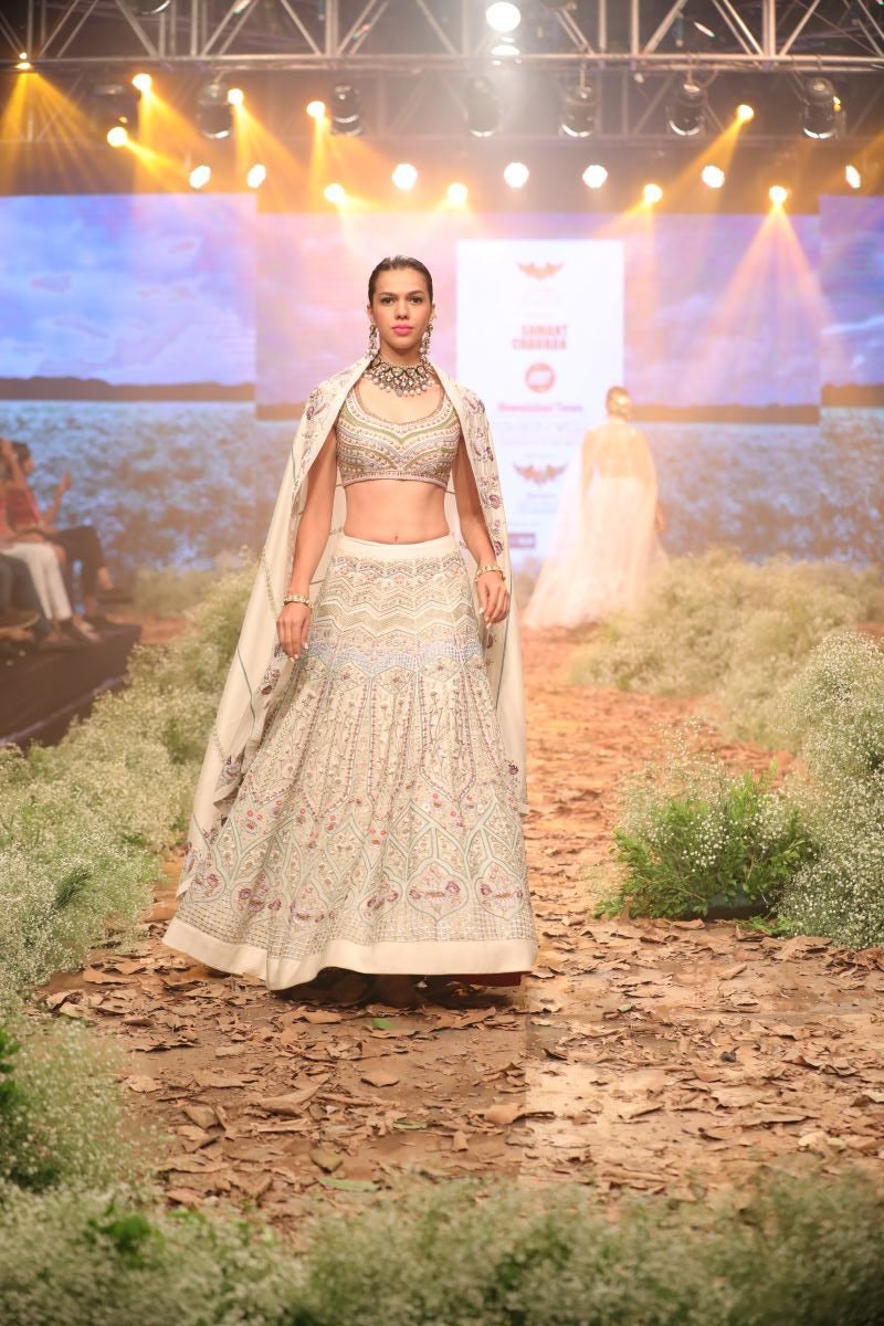 Cotton silk Embroidered Lehenga Set on ivory base - samantchauhan