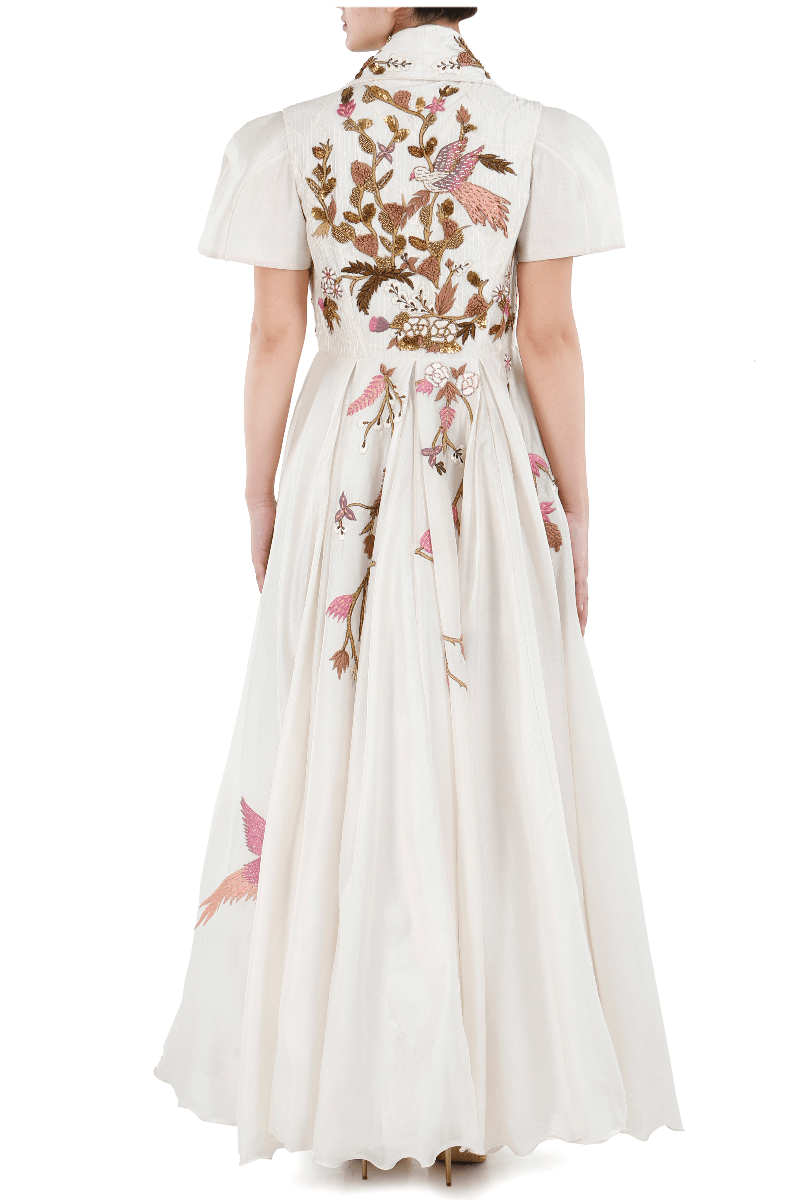Cotton silk front open gown embroidered in silk yarn - samantchauhan