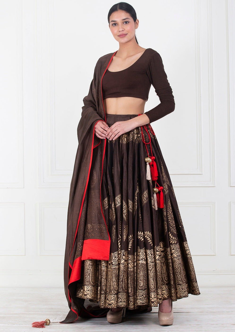 Dupion silk lehenga & Dupatta with gold block print - samantchauhan Apparel & Accessories