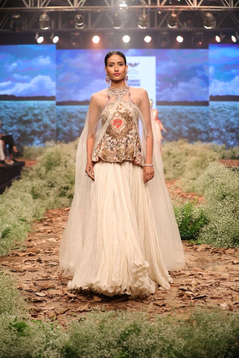 Embroidered corset with pleated skirt & cape - samantchauhan