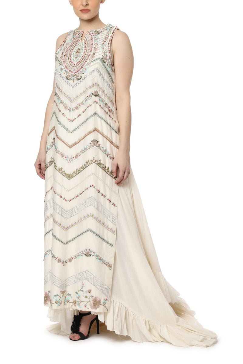 Embroidered Kurta with Asymmetrical Ruffled Slip - samantchauhan