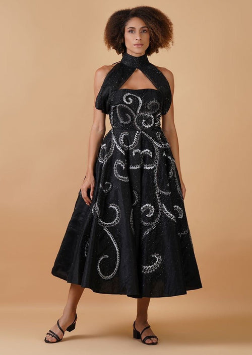 Featured here is a black chanderi A - line dress with a tube top - samantchauhan Apparel & Accessories