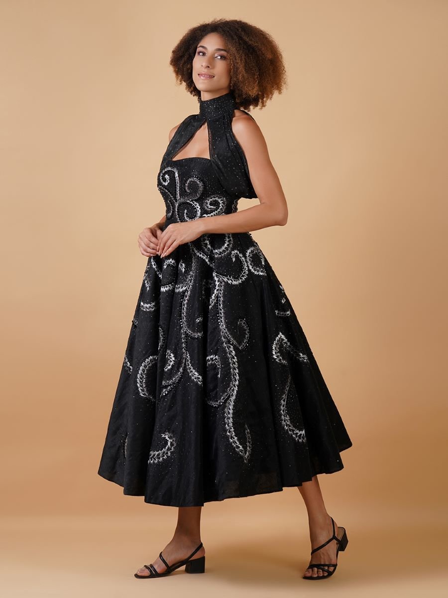 Featured here is a black chanderi A - line dress with a tube top - samantchauhan Apparel & Accessories