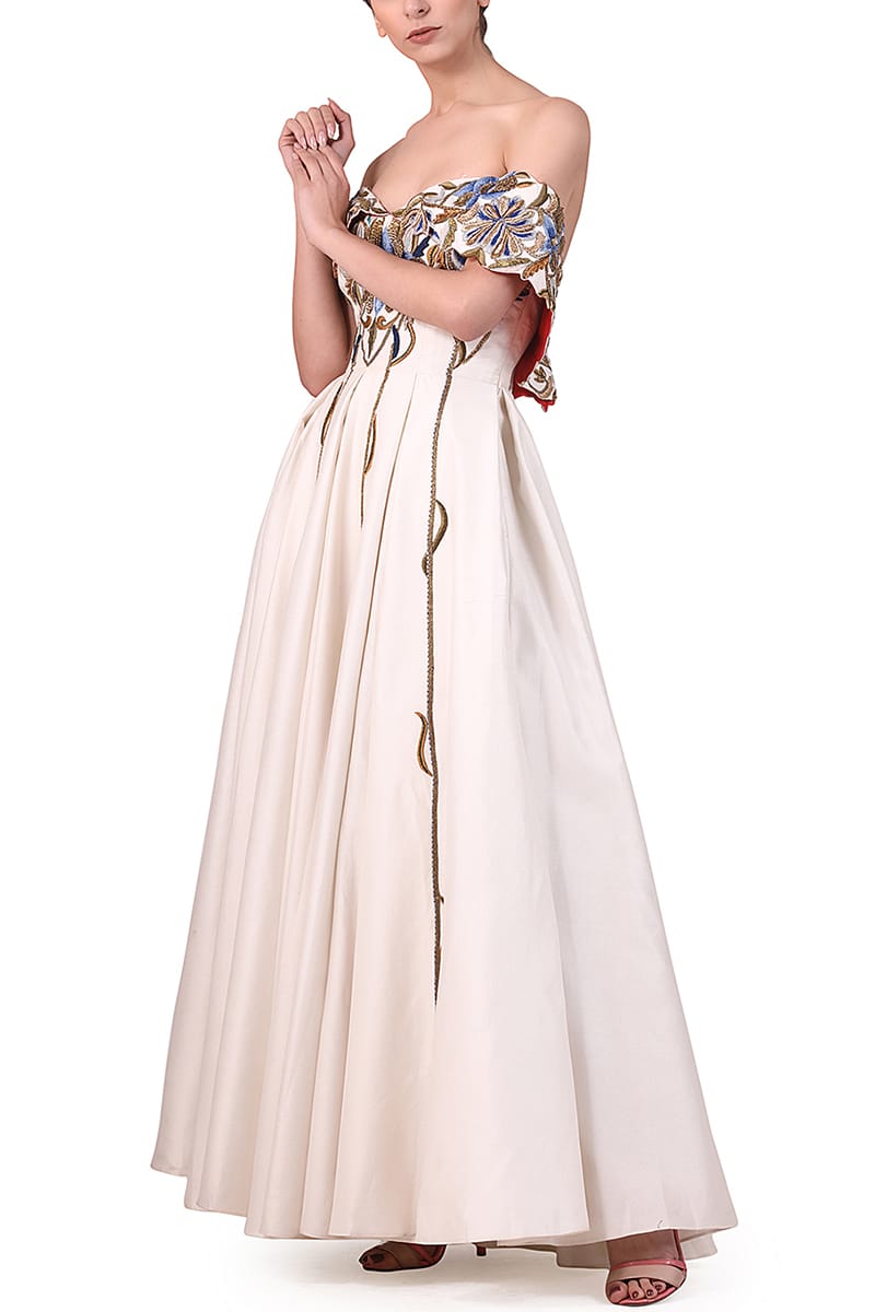 Fit & Flare Off - shoulder Embroidered Gown - samantchauhan