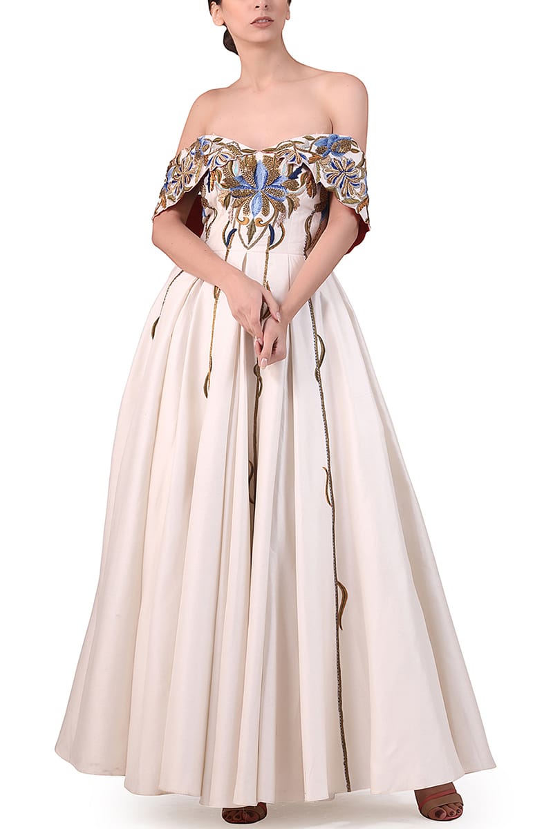 Fit & Flare Off - shoulder Embroidered Gown - samantchauhan