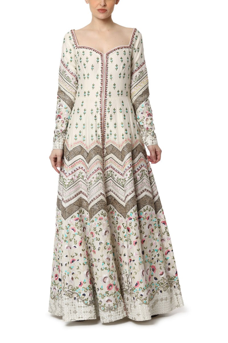 Floor Length Embroidered Front Open Dress - samantchauhan