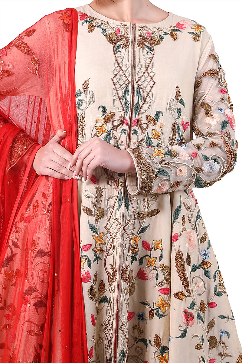 Floral Embroidered front open jacket & Dupatta - samantchauhan