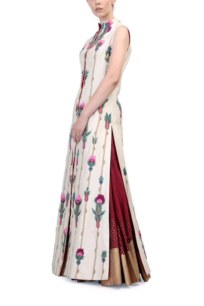 Front - opening Embroidered Jacket Kurta with block printed skirt - samantchauhan