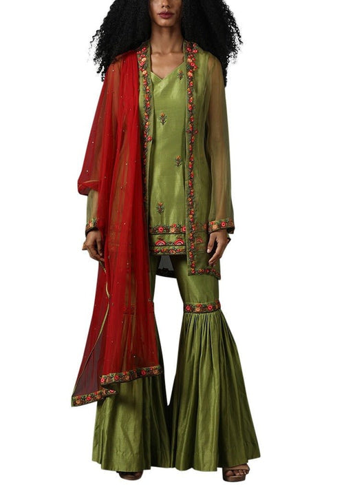 Green cotton silk sarara set with red dupatta - samantchauhan