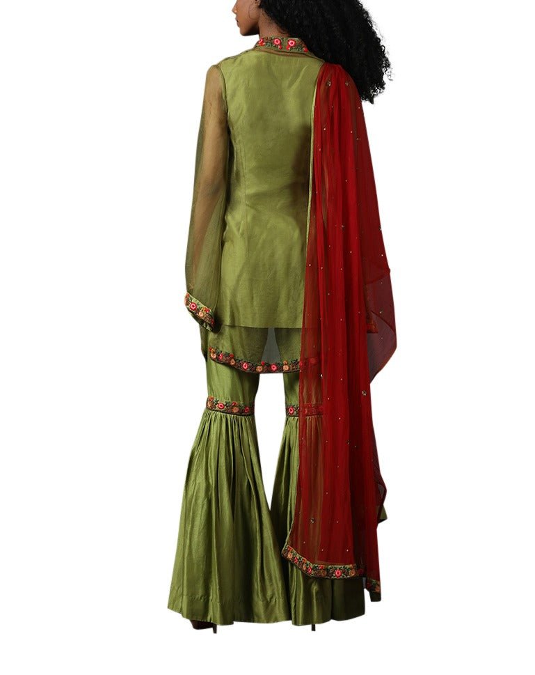 Green cotton silk sarara set with red dupatta - samantchauhan