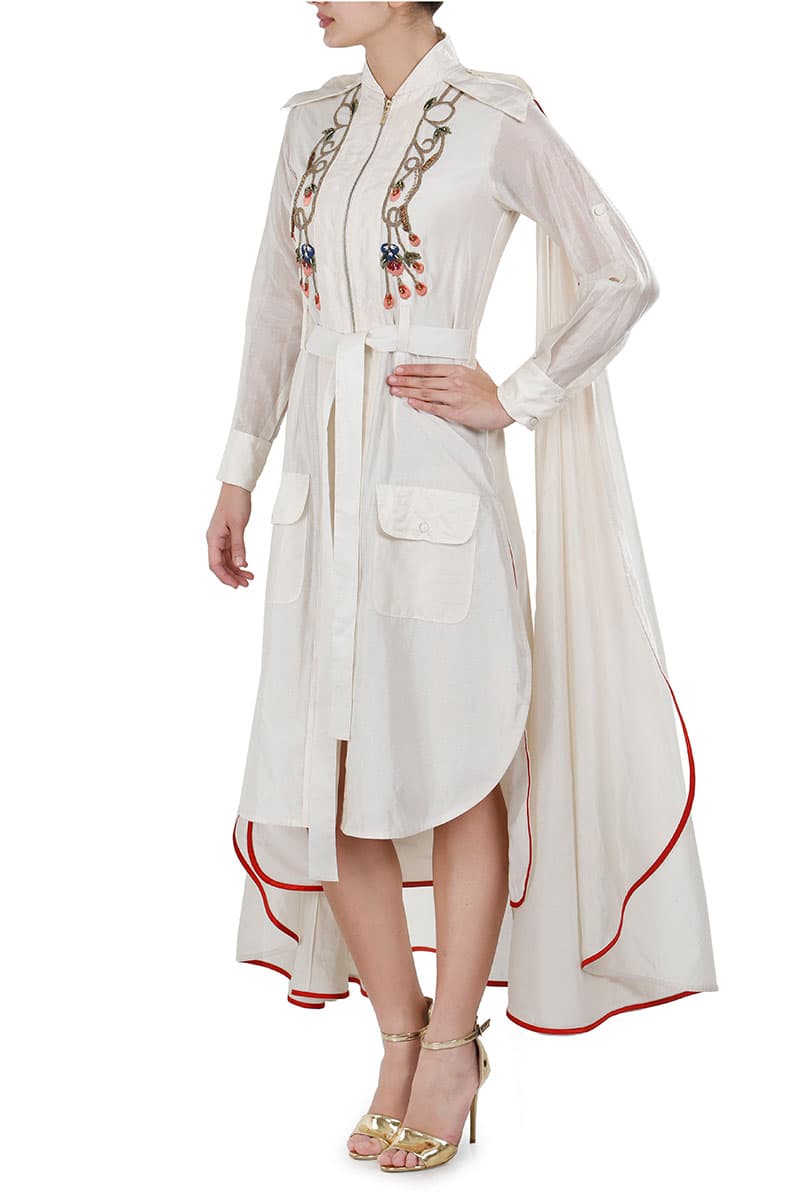 Ivory shirt dress with an attached Cape and Front Tie - up - samantchauhan