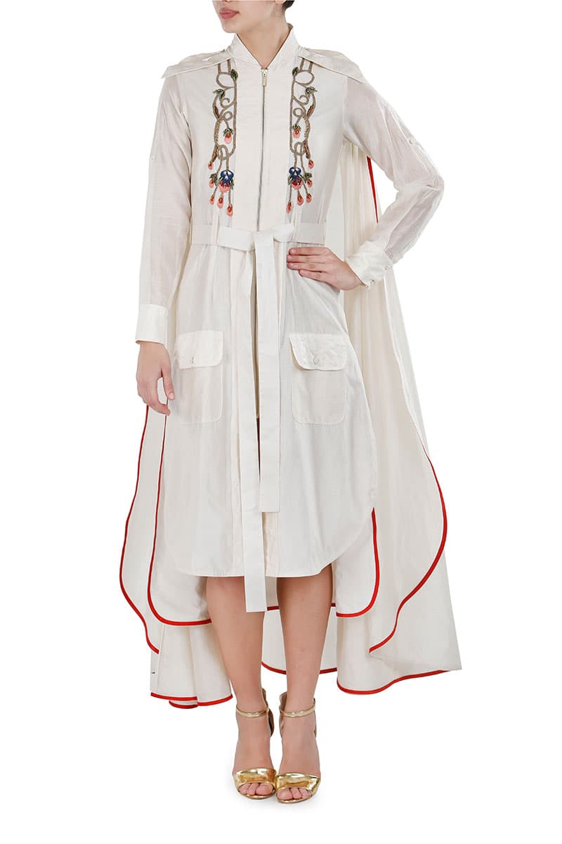 Ivory shirt dress with an attached Cape and Front Tie - up - samantchauhan