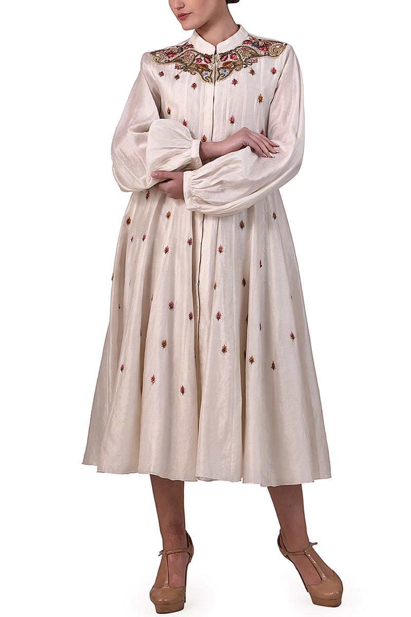 Mandarin Collared Relax - fit Embroidered Dress - samantchauhan