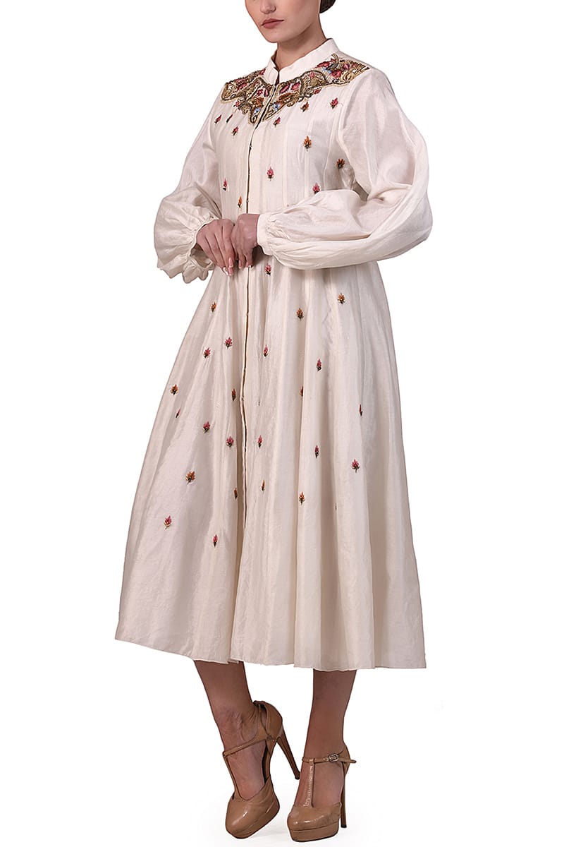 Mandarin Collared Relax - fit Embroidered Dress - samantchauhan