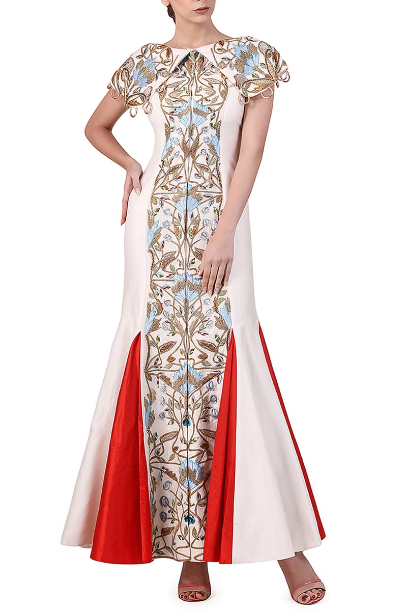 Panelled Cape Shoulders Embroidered Gown - samantchauhan