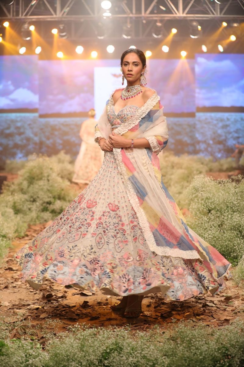 Printed organza silk lehenga set that is adorned in embroidery - samantchauhan Apparel & Accessories