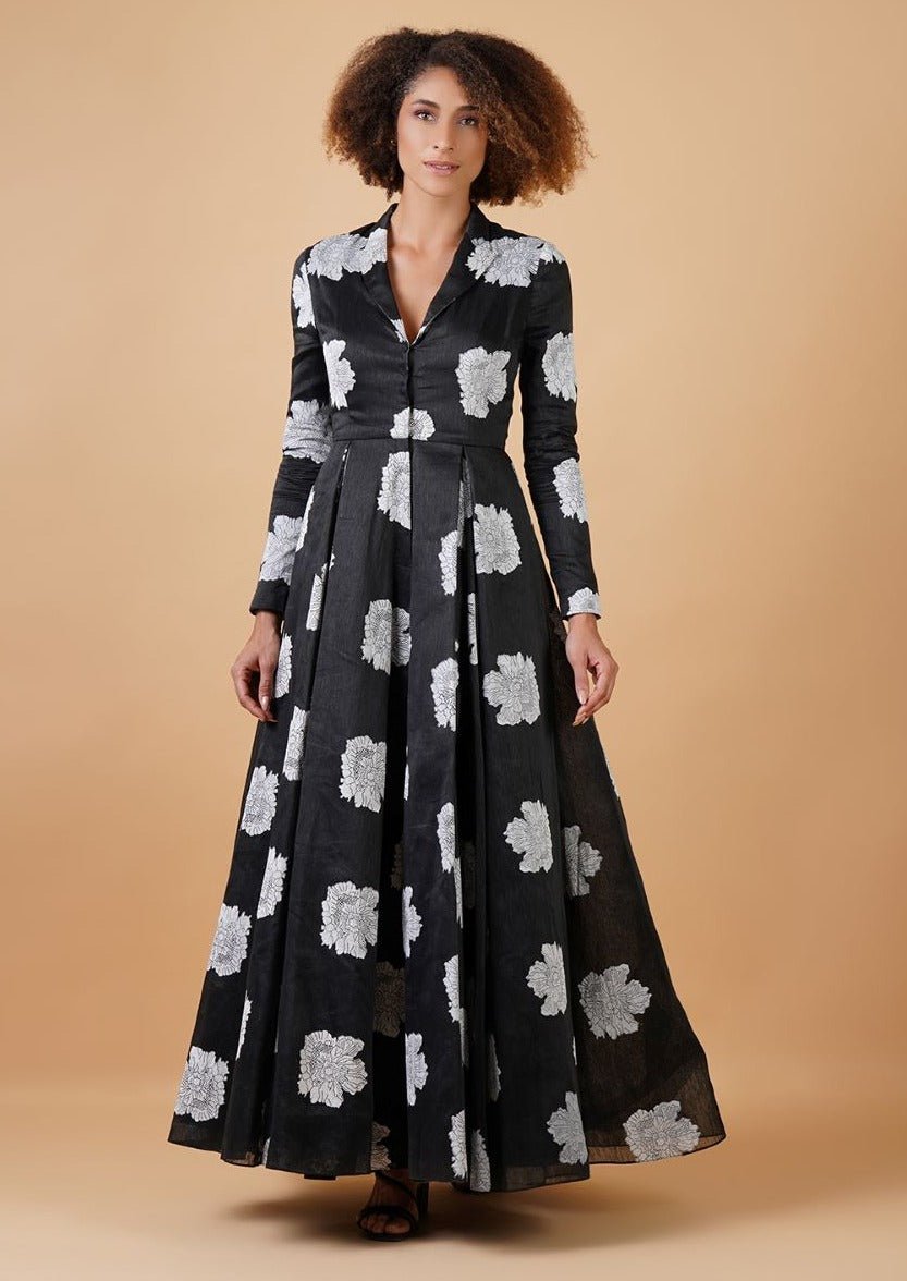 Showcased here is a black chanderi gown with a collared neckline - samantchauhan Apparel & Accessories
