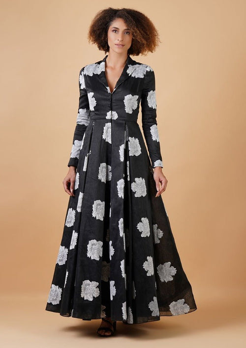 Showcased here is a black chanderi gown with a collared neckline - samantchauhan Apparel & Accessories