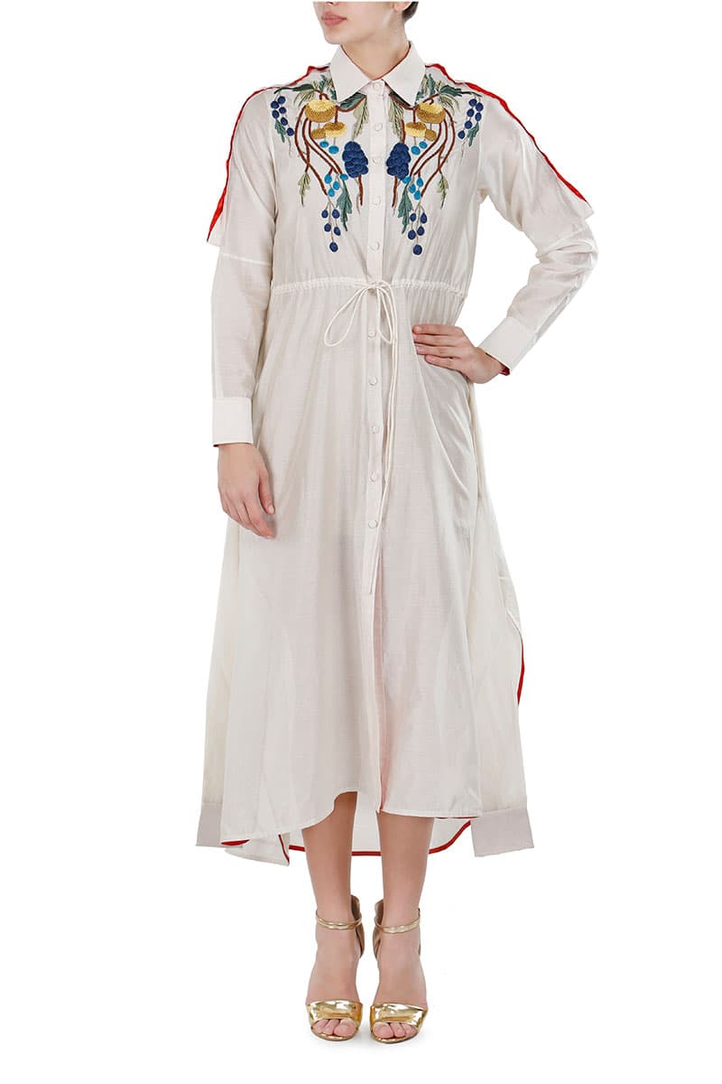 Tie - up Embroidered Full - sleeves Shirt Dress - samantchauhan