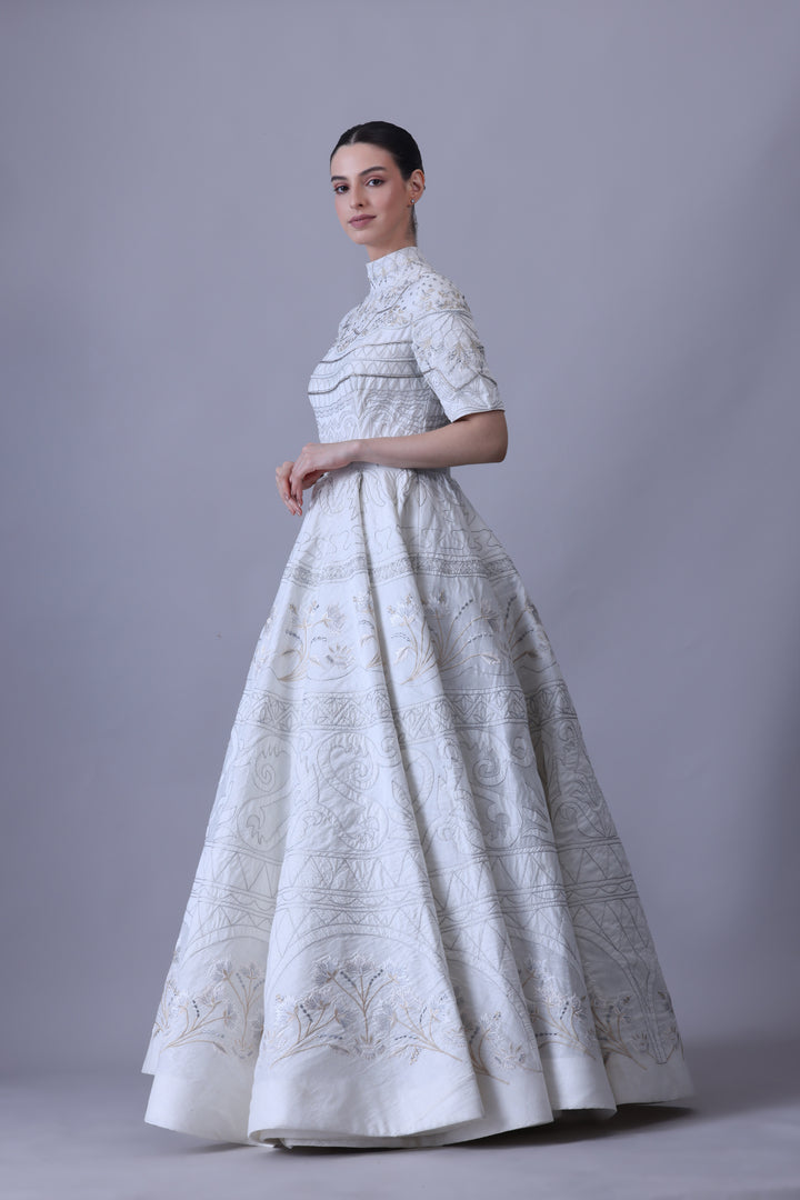 Ivory High-Neck Gown with Tonal Embroidered Panels