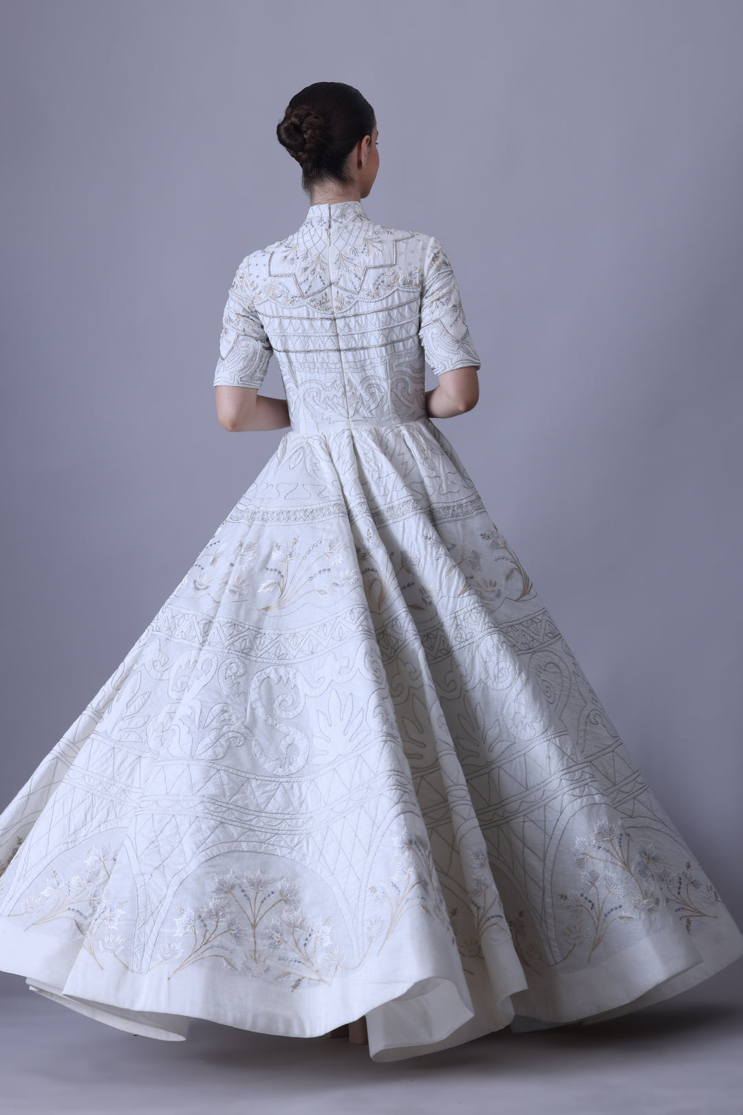 Ivory High-Neck Gown with Tonal Embroidered Panels