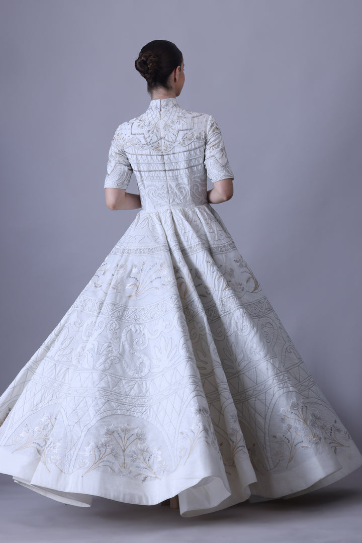 Ivory High-Neck Gown with Tonal Embroidered Panels