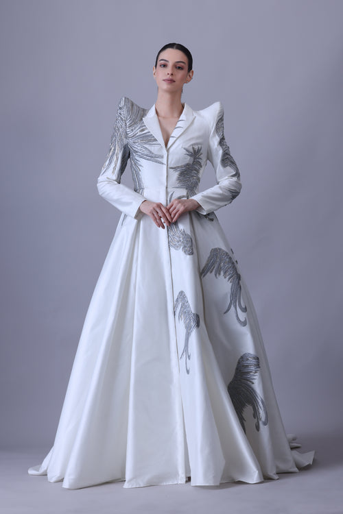 Snow White Tailored Gown with Rust Embroidered Detailing