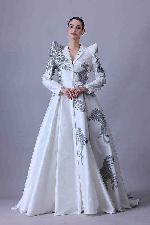 Ivory Sculpted Gown with Metallic Thread Embroidery