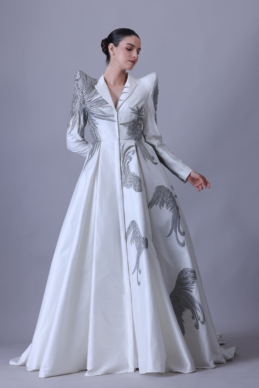 Ivory Sculpted Gown with Metallic Thread Embroidery