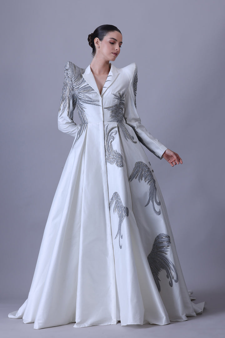 Ivory Sculpted Gown with Metallic Thread Embroidery