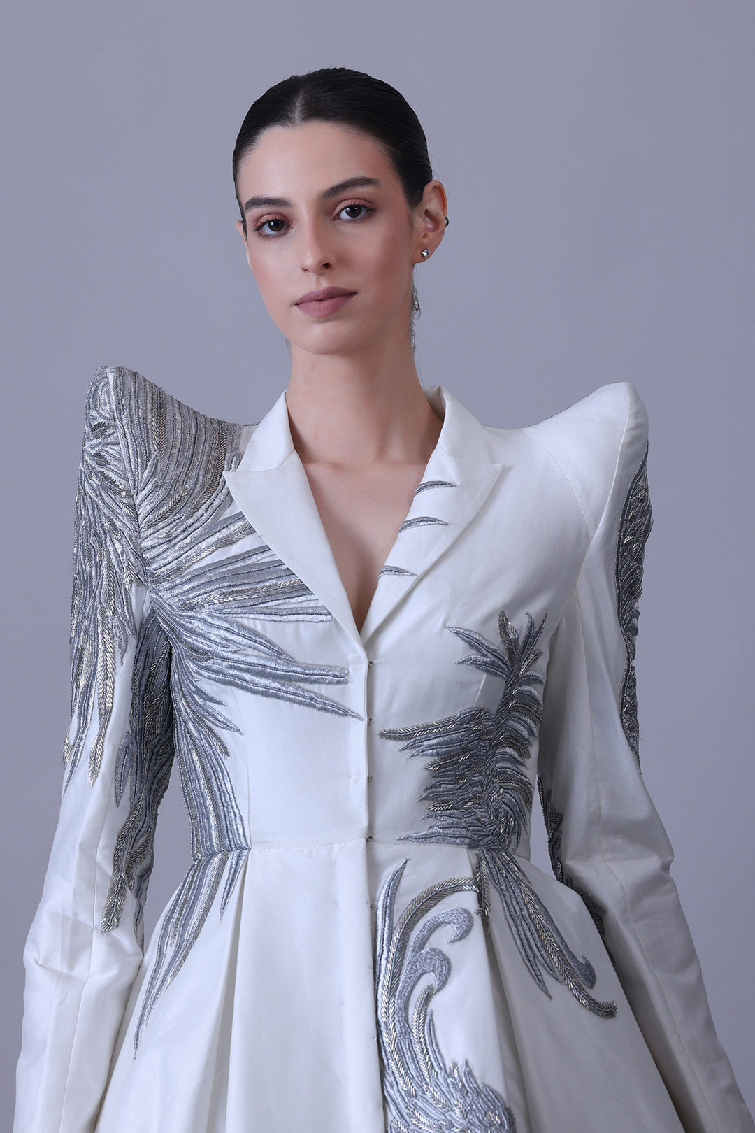 Ivory Sculpted Gown with Metallic Thread Embroidery