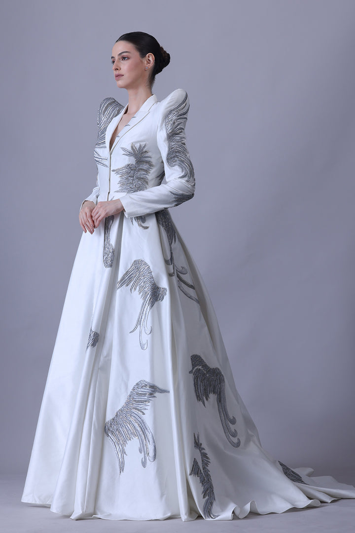 Ivory Sculpted Gown with Metallic Thread Embroidery