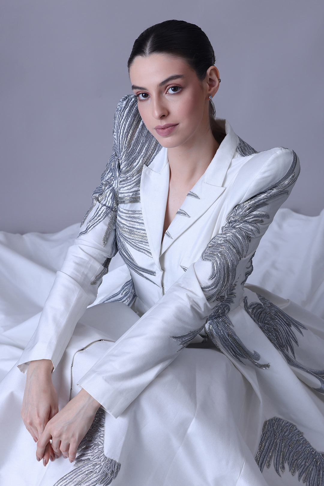 Ivory Sculpted Gown with Metallic Thread Embroidery